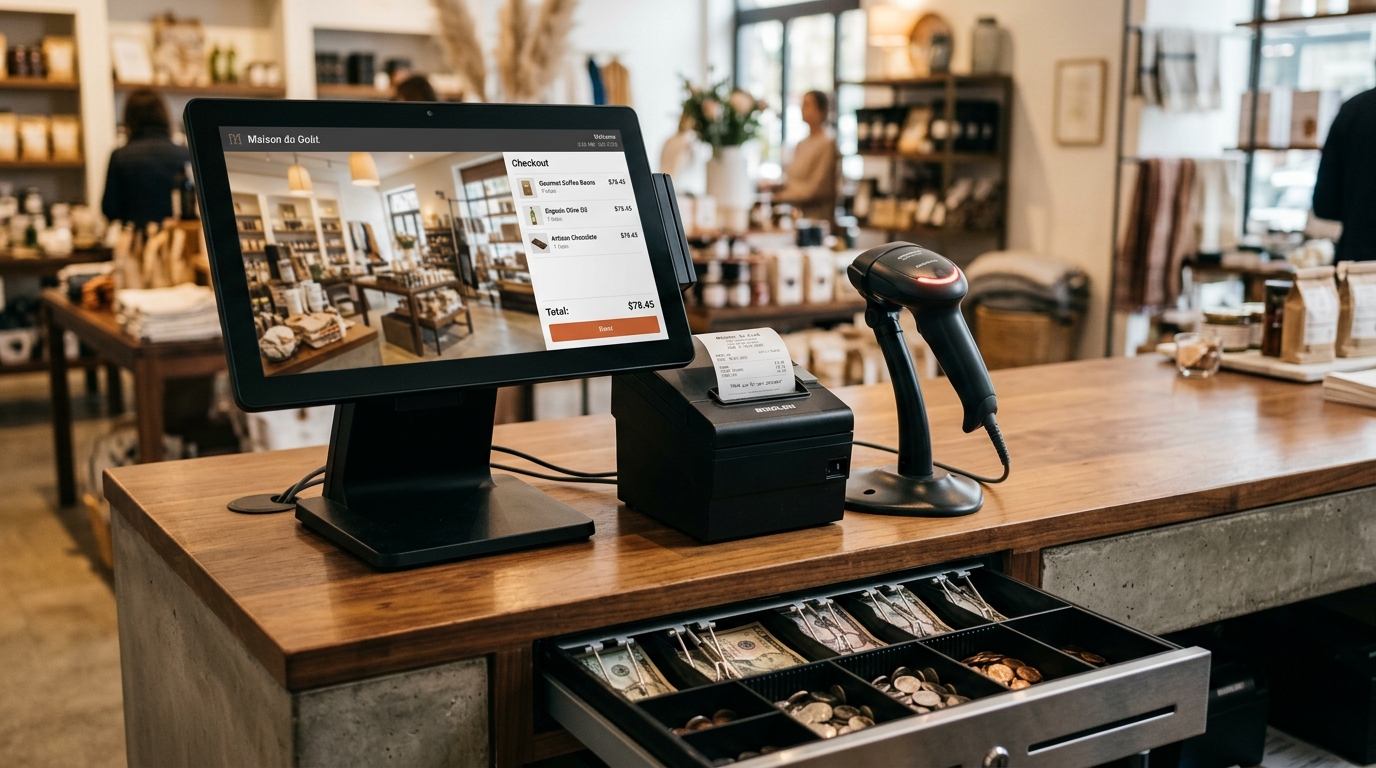PoS Pues en PC de mostrador con lector de código de barras y cajón
